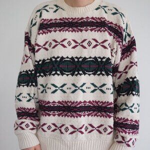 Vintage '90S New Yorker Cream Maroon 3D Eclectic Grandpa Crewneck Sweater XL